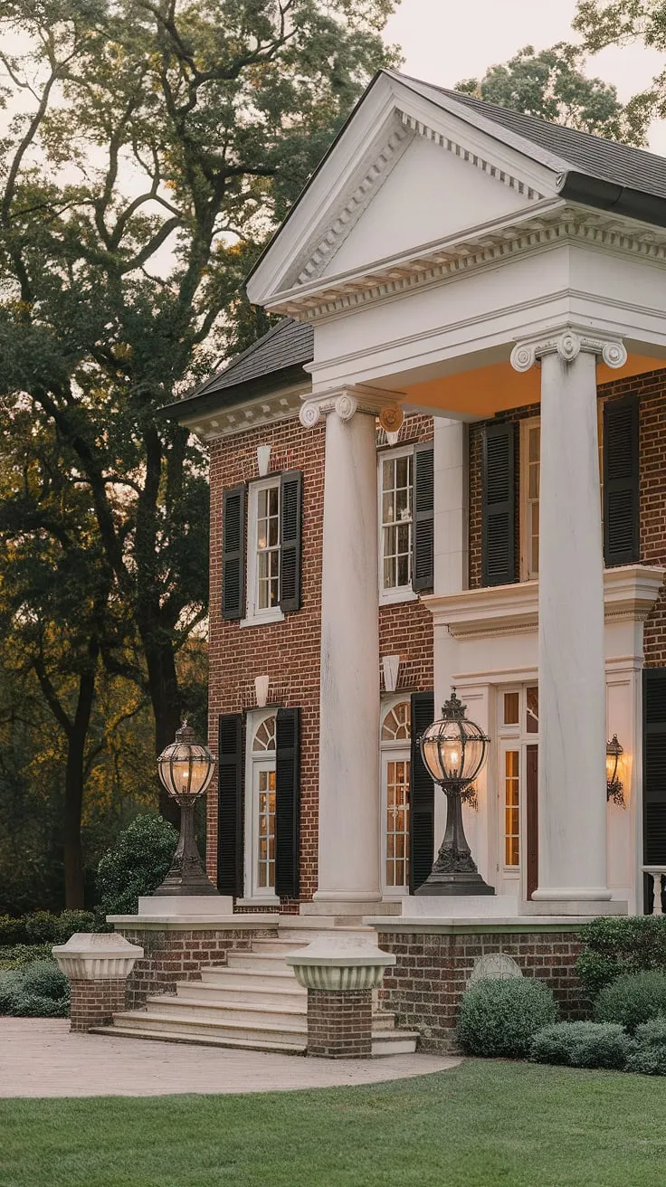 A grand red brick mansion, its white columns and ornate lamps framing a majestic entrance, sits serenely amidst lush greenery.