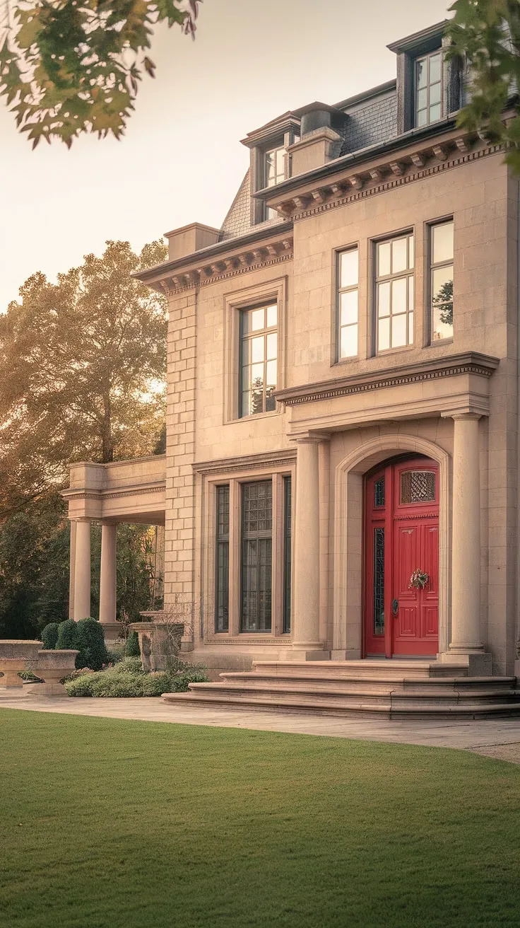 A grand stone mansion with a red door, lush gardens, and classical columns exudes opulent elegance