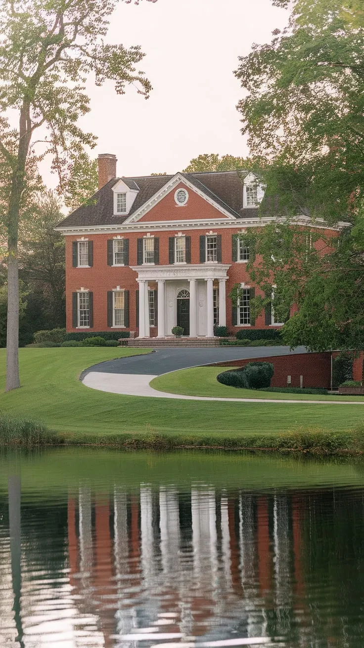 Elegant red brick mansion reflects in a tranquil lake's still waters