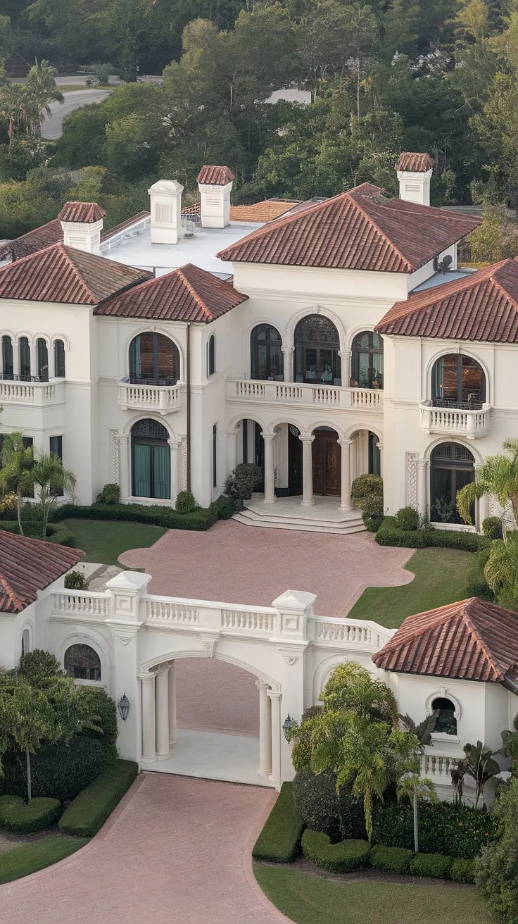 A grand Spanish Colonial Revival mansion, white with red tile roofs and lush landscaping, boasts a majestic entrance and long driveway.