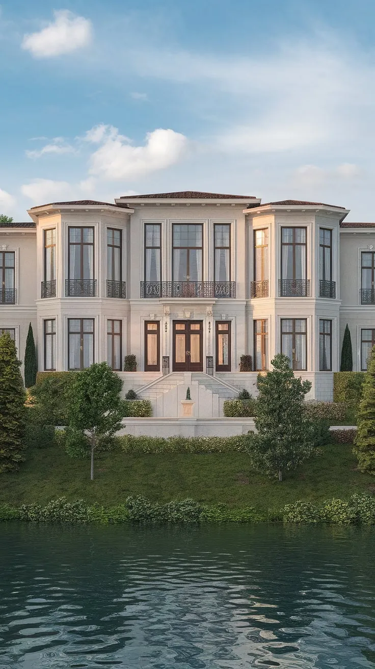 A grand white mansion overlooks a serene lake, its luxurious interior hinted at by a visible staircase and expansive windows
