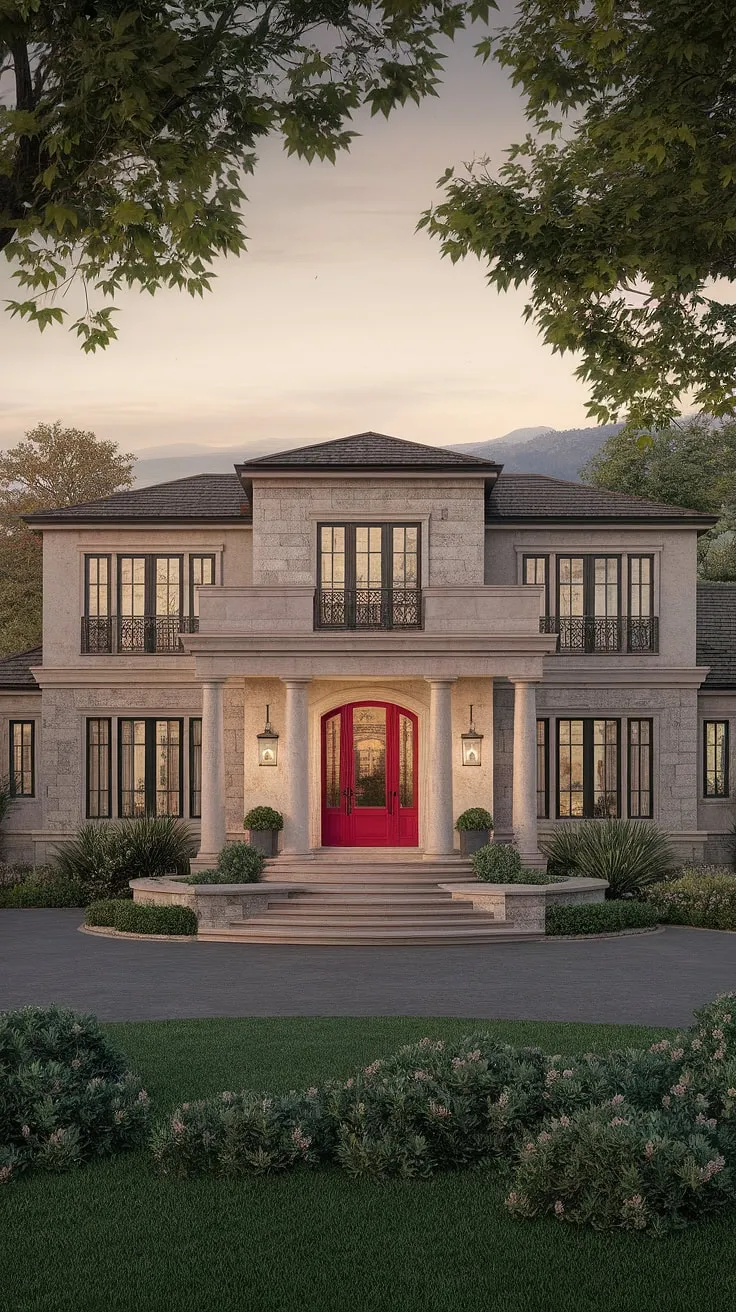 A grand stone mansion with a red door, illuminated and majestic, stands proudly amidst a serene landscape