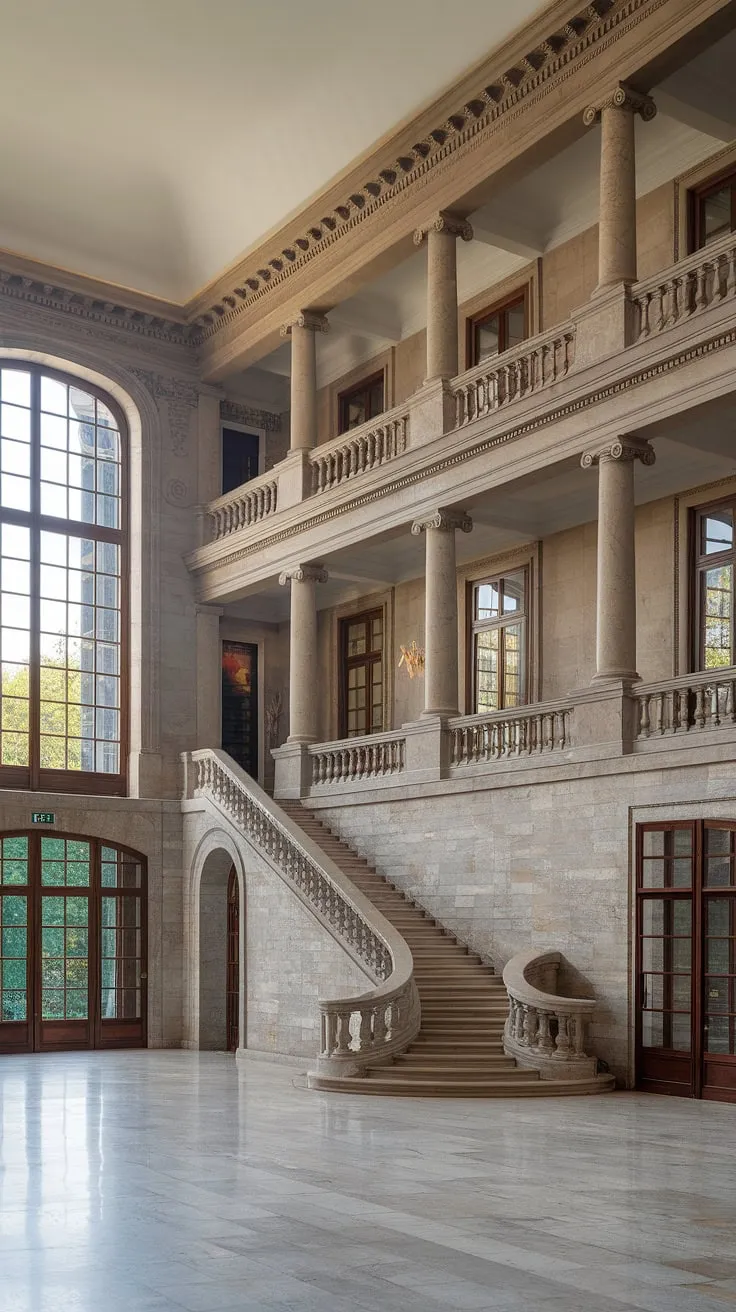 A multi-story mansion boasts a breathtaking facade and lavish interior filled with natural light and classic art.
