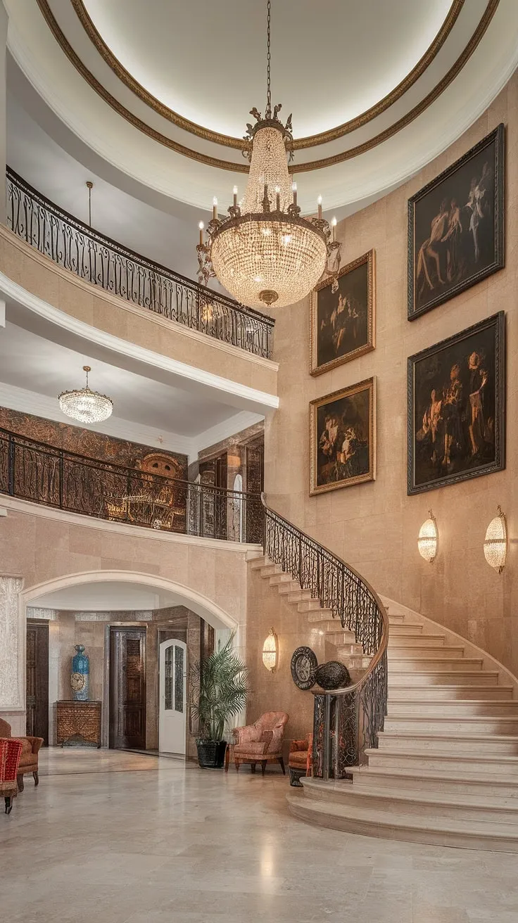 Opulence reigns in this grand mansion, evident in its marble floors, sweeping staircase, and ornate artwork.