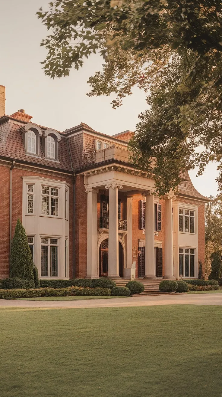 A majestic estate, its warm tones and lush surroundings hinting at lavish living