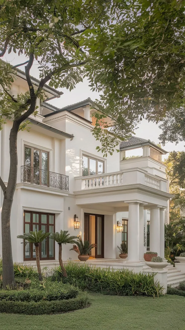 A grand, multi-story white mansion stands proudly, surrounded by lush landscaping.