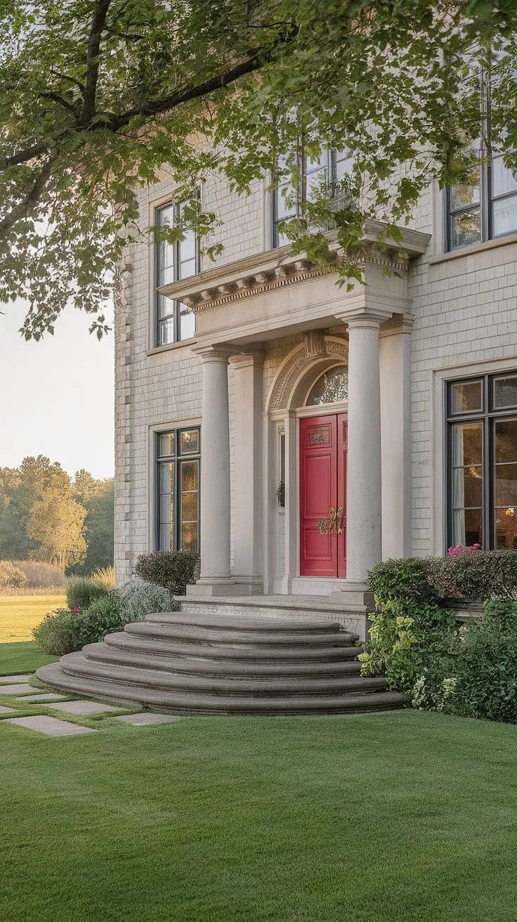 A grand red-doored mansion, nestled in lush greenery and boasting an impressive entrance, evokes dreams of opulent living