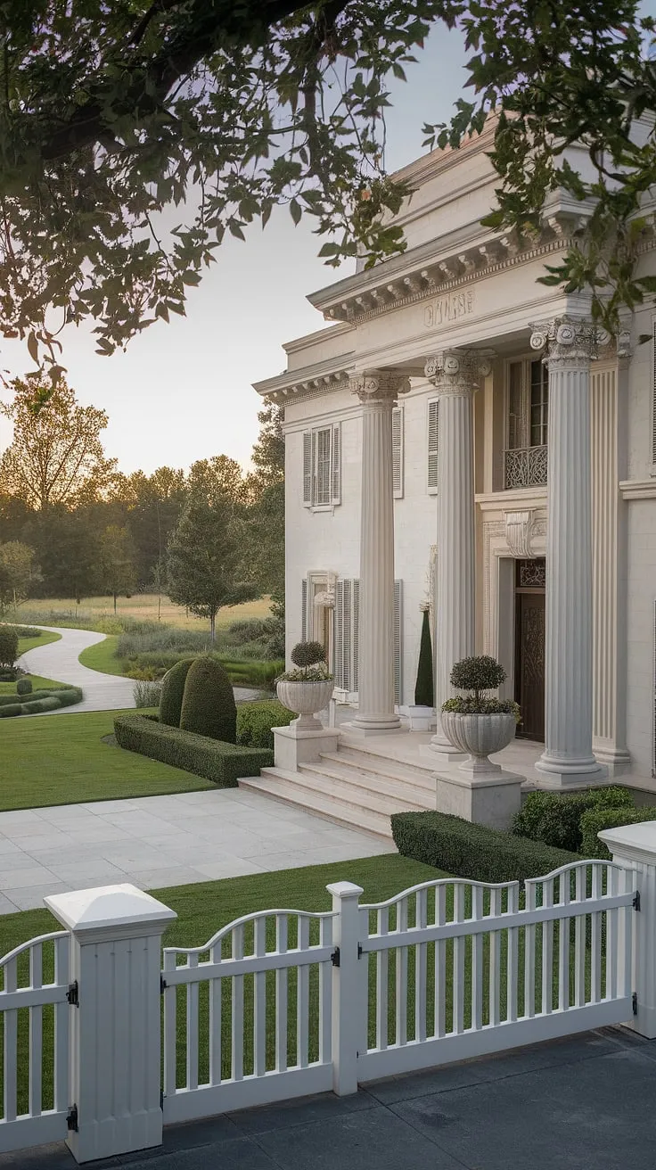 A grand white mansion, adorned with columns and intricate detailing, stands majestically on a manicured lawn, its pristine entrance promising opulent luxury.