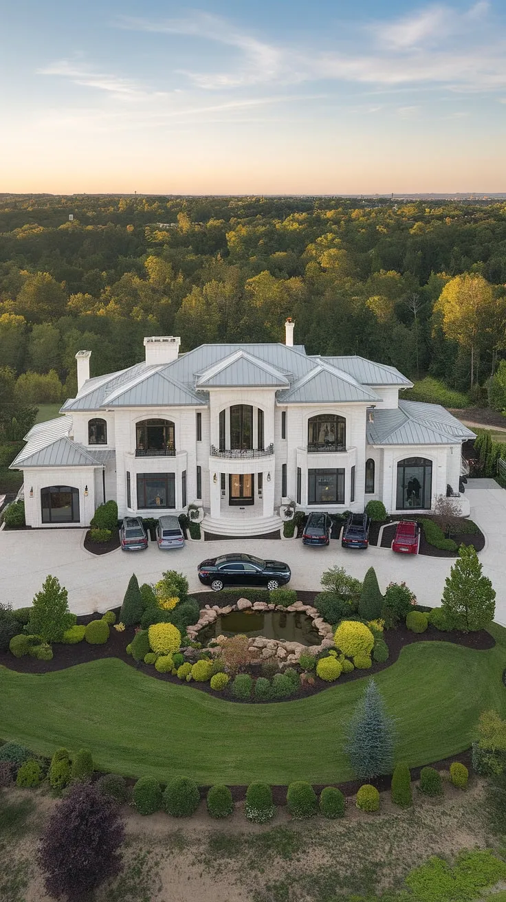 The grand estate showcases wealth and refined taste through its architecture and landscaping.