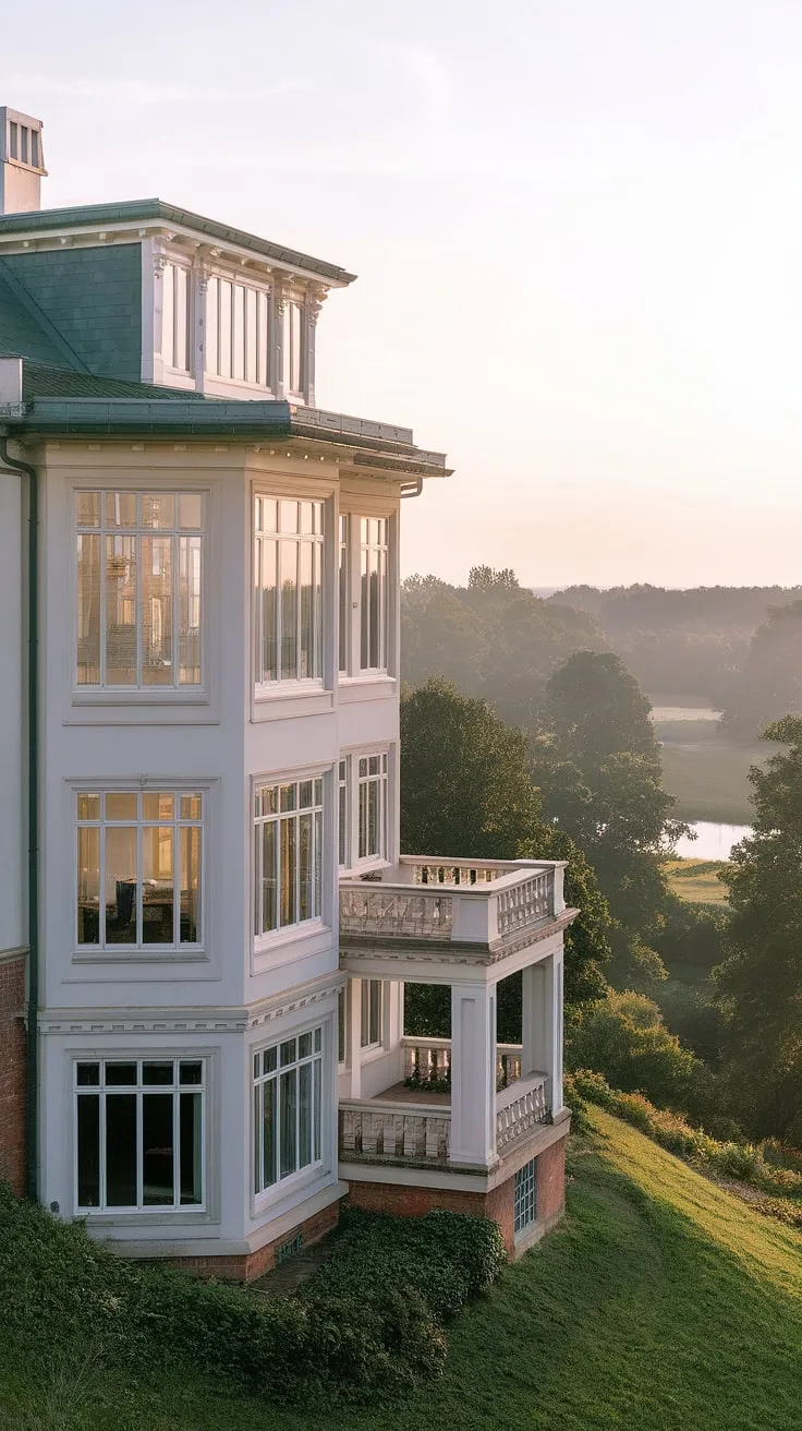 A grand white mansion overlooks a tranquil landscape, its elegant architecture highlighted by expansive windows and a verdant hilltop setting
