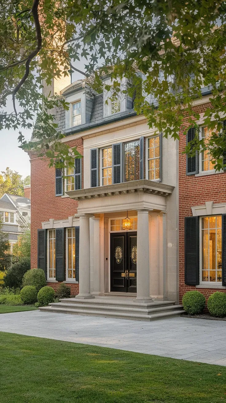 A stately red brick mansion commands attention with its impressive entrance and expansive facade.
