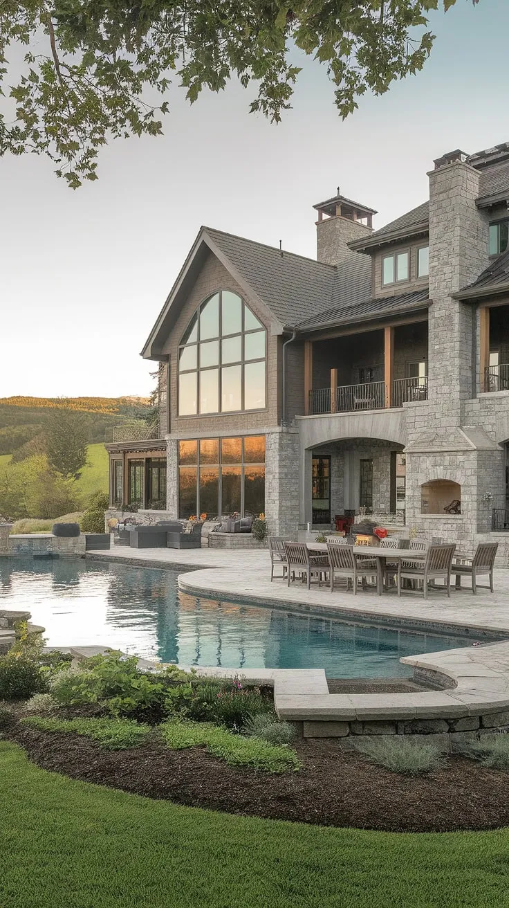 A majestic multi-level mansion boasts a luxurious pool and expansive outdoor living space overlooking a tranquil landscape