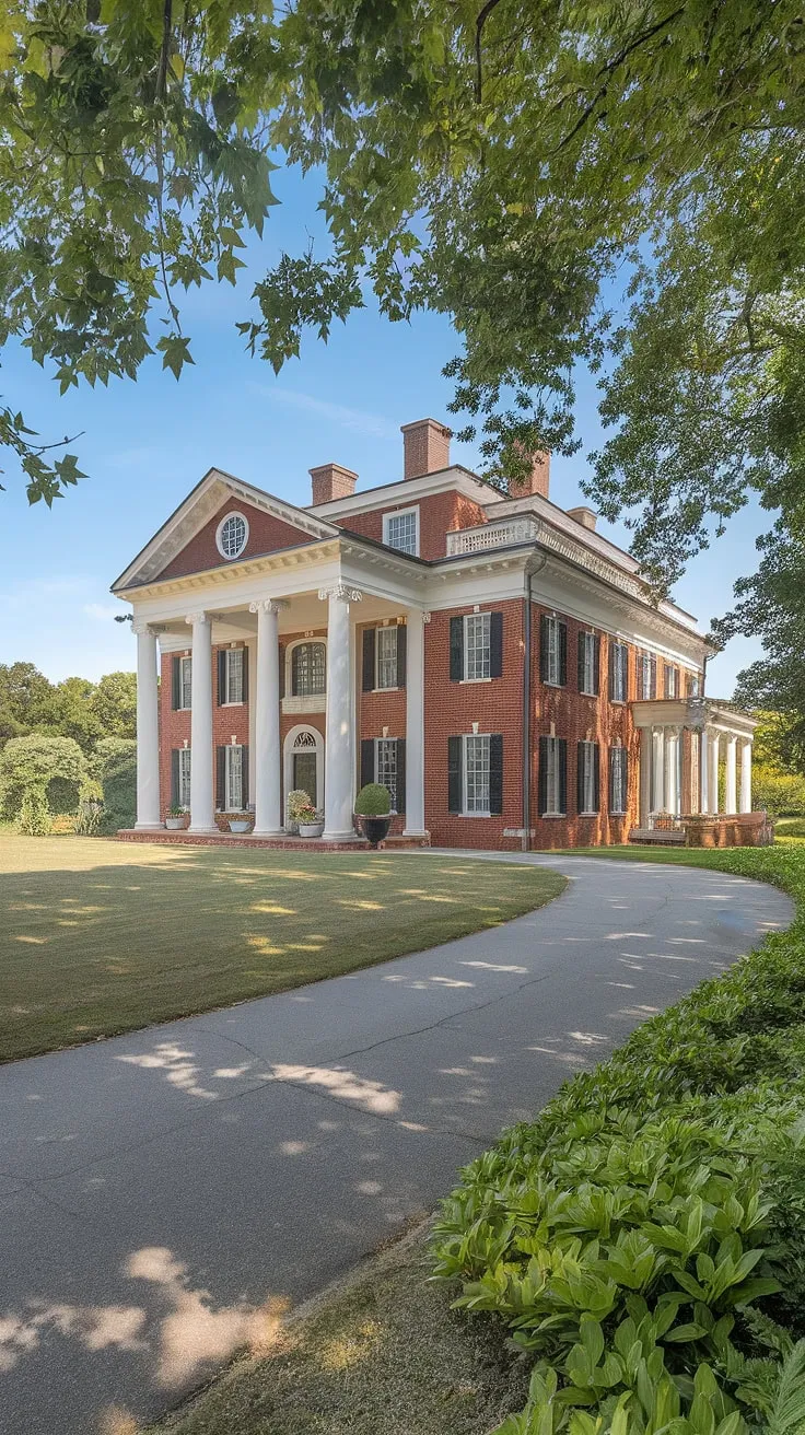 A grand red brick mansion, adorned with white trim and stately columns, sits majestically on a sprawling lawn under a clear blue sky.