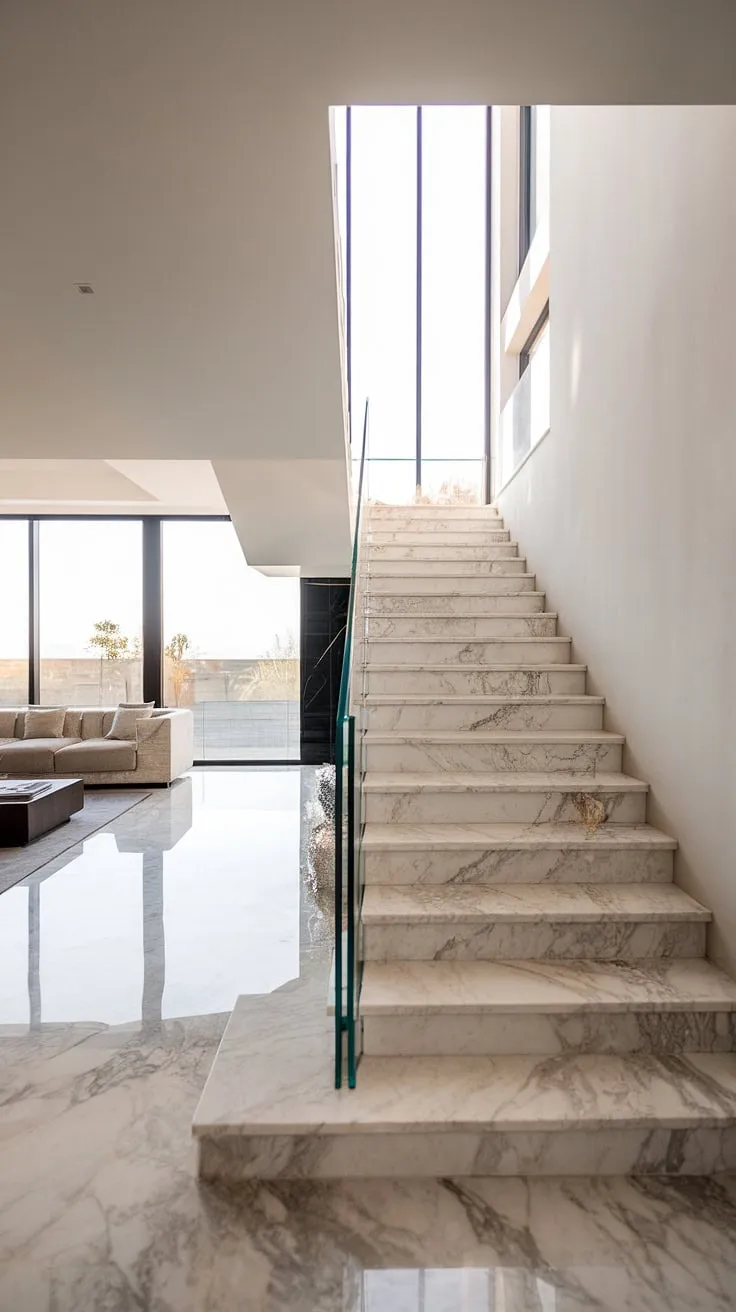 The clean lines of the marble staircase, with its minimalist glass railing, are a stunning centerpiece in this modern living room. A feeling of spaciousness is amplified by the natural light flooding in, creating a tranquil and inviting atmosphere. A truly breathtaking home.