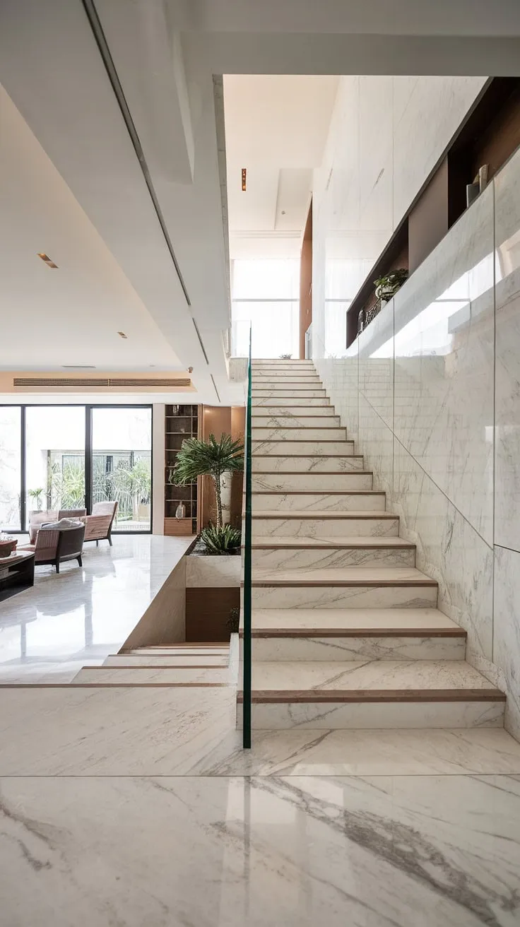 Modern minimalism meets luxurious elegance. The seamless flow of the marble staircase, its glass railing a delicate counterpoint to the clean lines of the living space, creates a breathtaking focal point. A testament to sophisticated design.