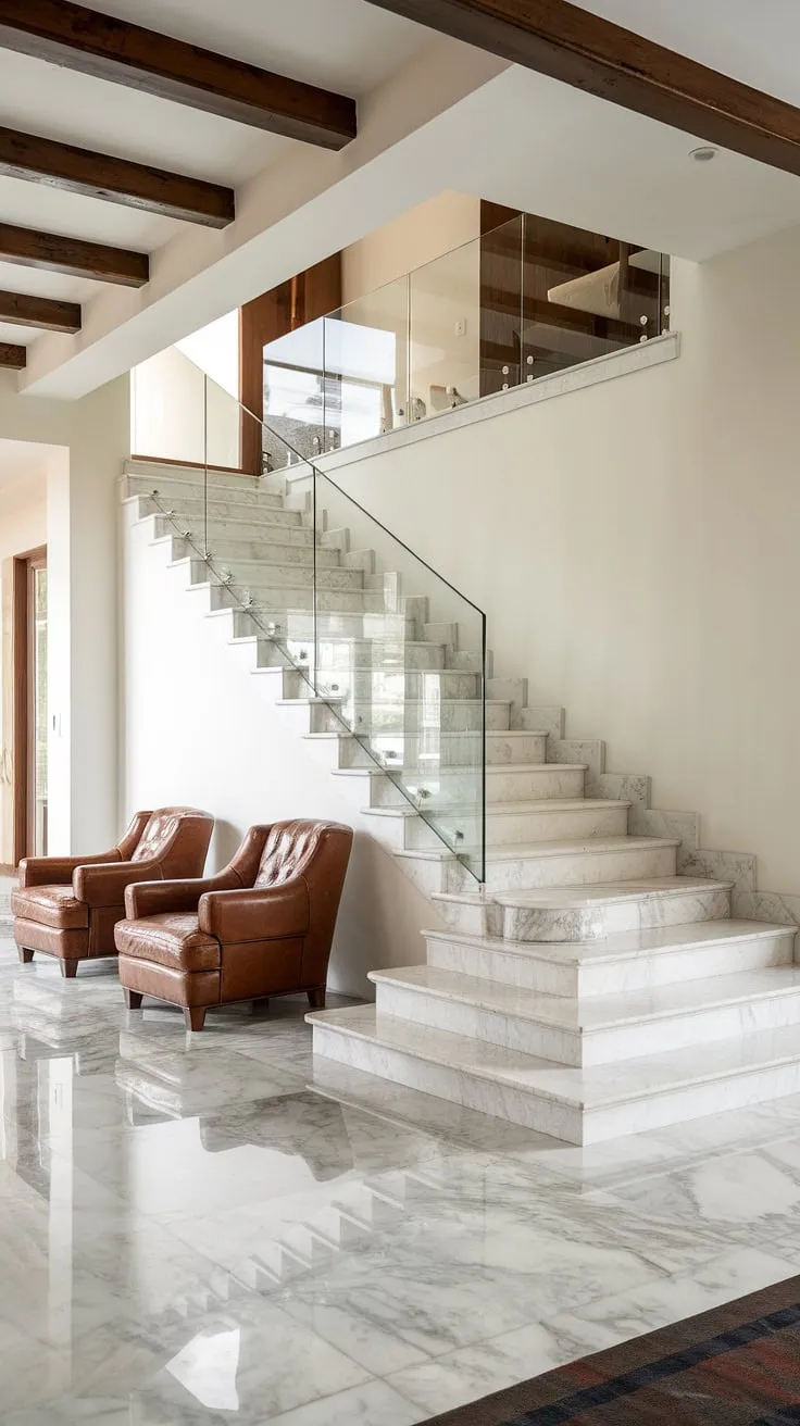 A breathtaking blend of modern minimalism and classic sophistication. The marble staircase, with its glass railing, is a focal point, drawing the eye upward to the second floor. Two inviting leather chairs provide a cozy respite in this airy, light-filled living room, perfectly complemented by the exposed wooden beams.