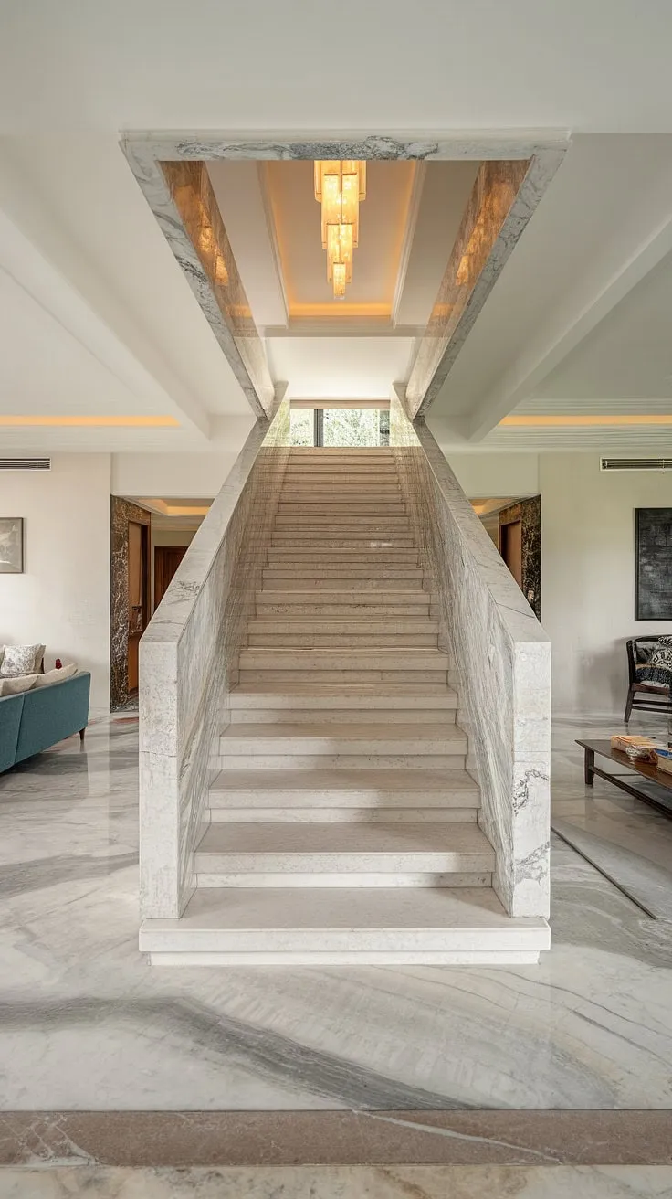 The clean lines and luxurious materials of this home are perfectly showcased in this image. A stunning marble staircase, illuminated from above, draws the eye and adds a dramatic focal point to the otherwise minimalist living area. A truly inspiring space.