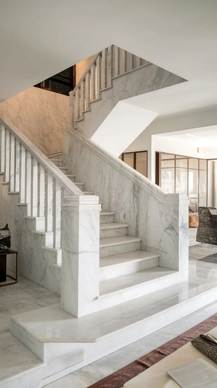Architectural elegance redefined. The clean lines of this minimalist living space are beautifully punctuated by the dramatic sweep of the white marble staircase, a testament to refined luxury and seamless design. A true masterpiece of modern living.