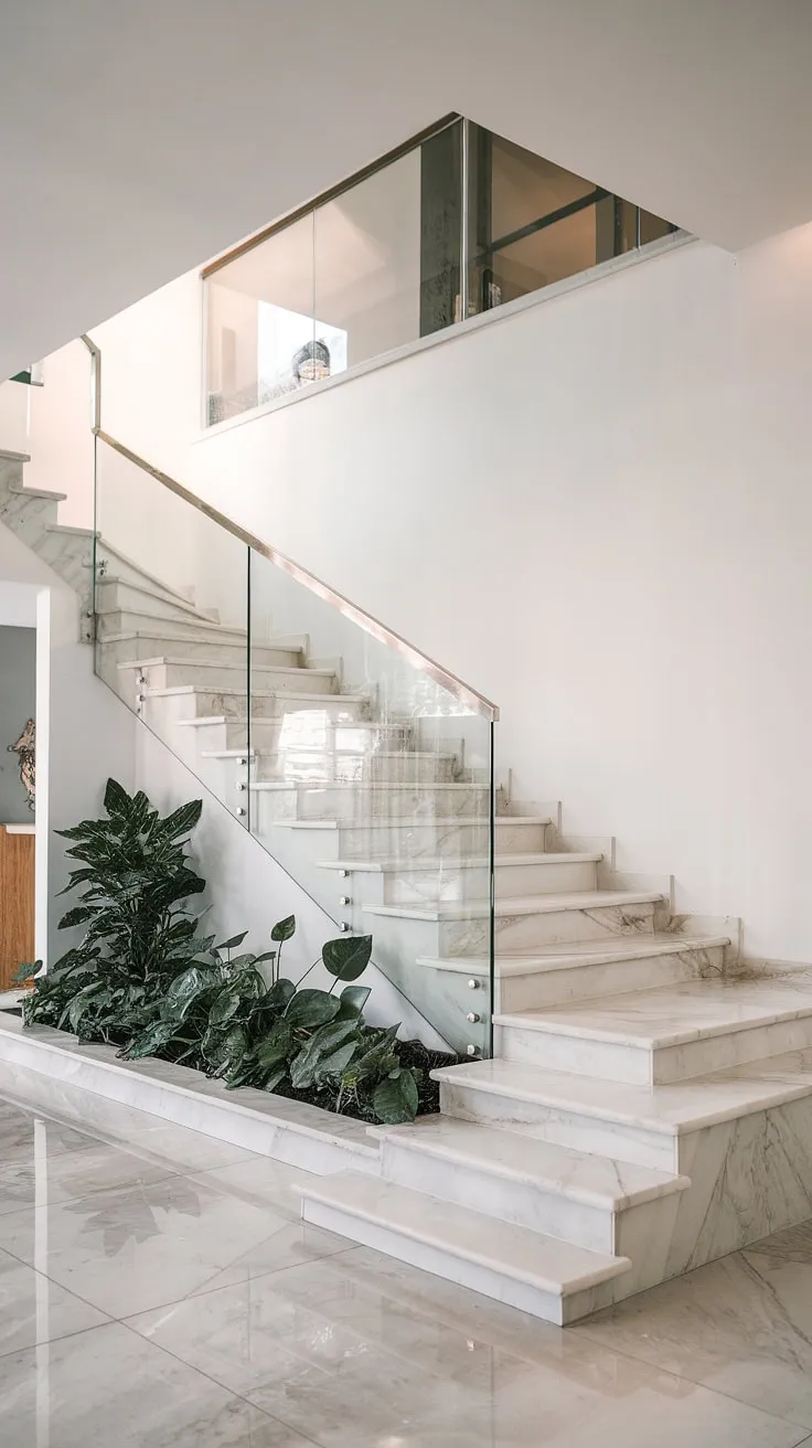 Architectural elegance defines this space; the sweeping marble staircase, bathed in natural light, creates a dramatic focal point, showcasing the home's refined aesthetic. A testament to modern design, the open layout and minimalist decor enhance the feeling of spaciousness. A perfect blend of luxury and serenity.