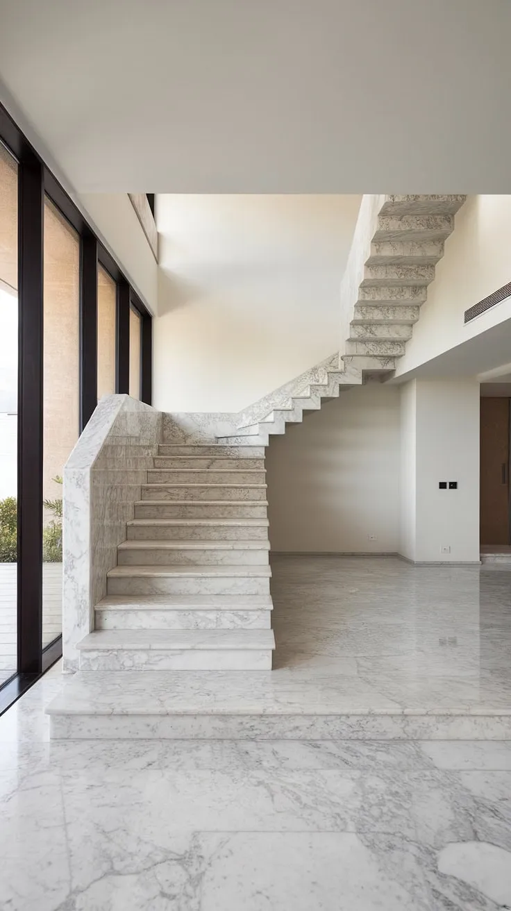 A breathtaking view unfolds from the expansive windows, but it's the dramatic marble staircase that truly steals the show. A perfect blend of form and function, this architectural marvel defines the heart of this minimalist sanctuary. A space designed for effortless living.