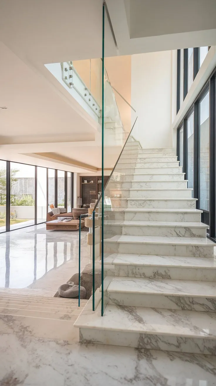 A stunning interplay of light and luxury. This home's open-plan design, featuring a dramatic marble staircase with glass railings, is a masterpiece of contemporary architecture. A perfect blend of form and function, showcasing refined taste and impeccable style.