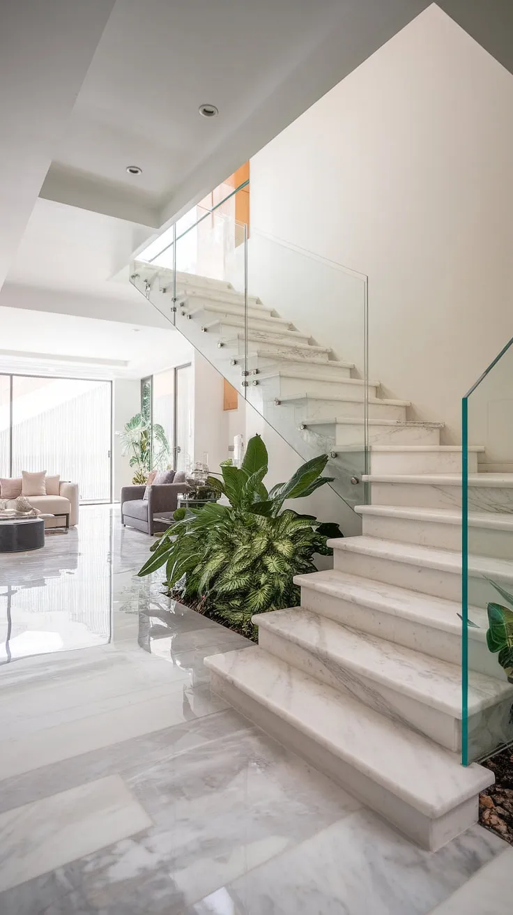 A stunning architectural statement. The sleek lines of the marble staircase, with its transparent glass railing, are a captivating feature in this bright, airy living space. A perfect blend of luxury and contemporary style, showcasing the beauty of clean lines and natural materials. A space designed for both comfort and inspiration.