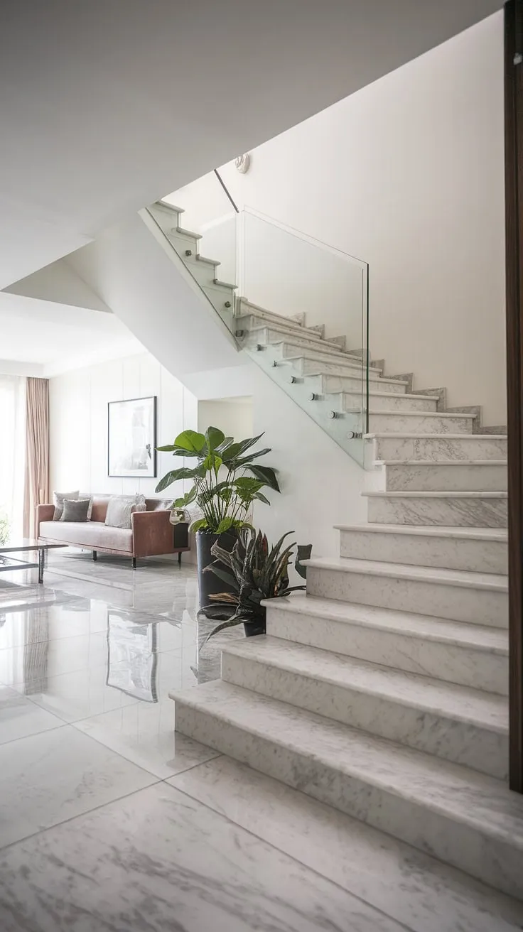A stunning marble staircase, a testament to modern design, anchors this minimalist living room. The seamless transition between the flooring and the staircase, accented by a glass railing, creates a sense of spaciousness and refined luxury.