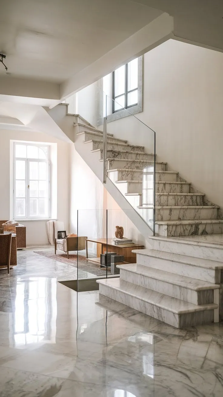 Architectural elegance meets minimalist living. The seamless flow of marble flooring up the modern glass staircase creates a breathtaking focal point, bathed in natural light from the nearby window. A testament to refined design.