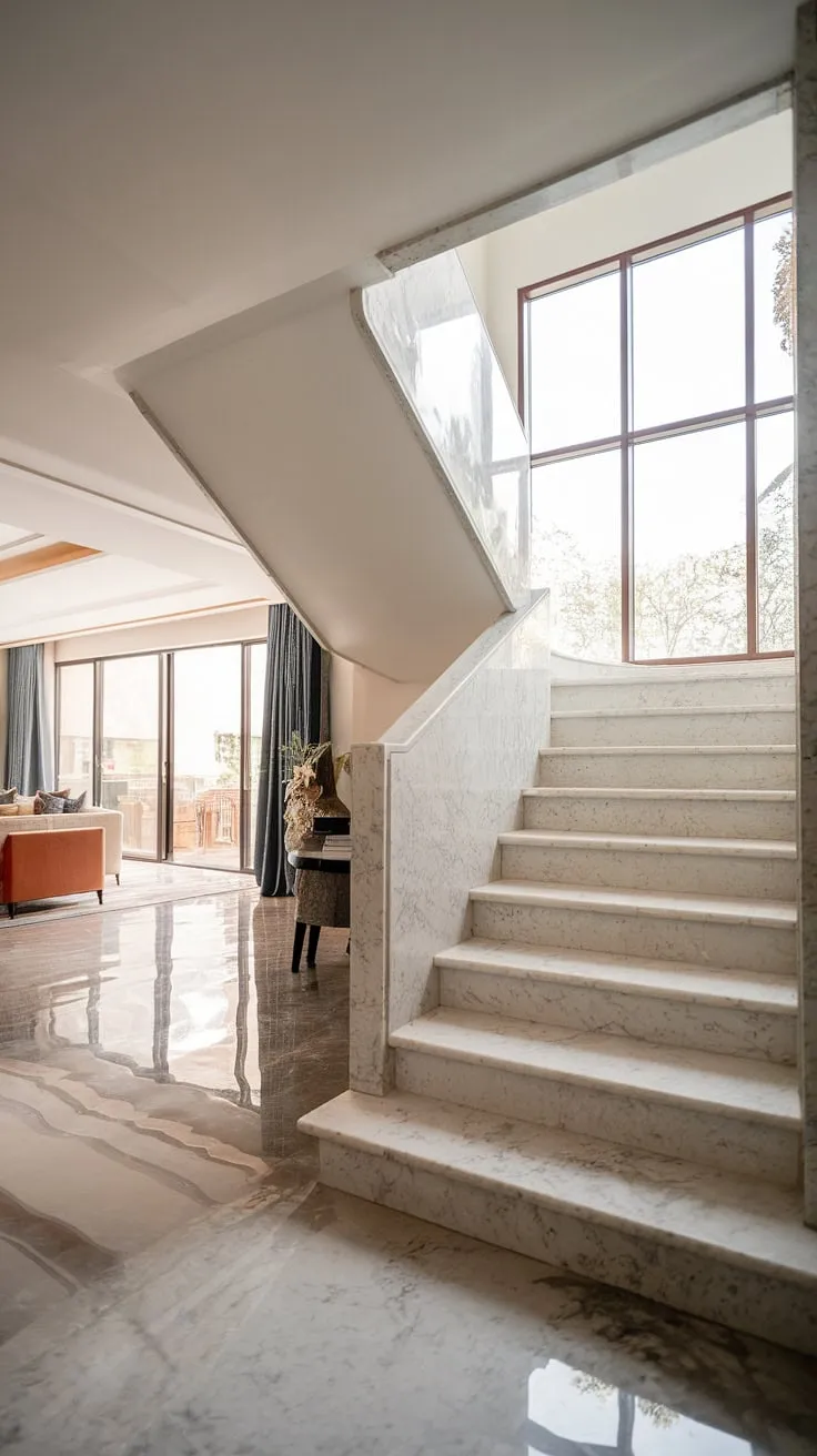 A stunning example of modern home design, this living room showcases a breathtaking marble staircase. Its minimalist aesthetic, combined with the natural light and polished marble flooring, creates a sophisticated and inviting atmosphere. A perfect blend of form and function.