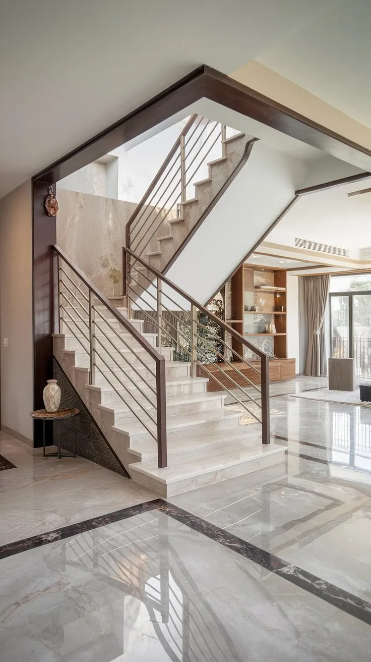 A breathtaking marble staircase, a sculptural element in itself, anchors this minimalist living room. Its sleek design and open concept amplify the sense of space, while the cool marble flooring creates a unified, luxurious aesthetic. A true showstopper.