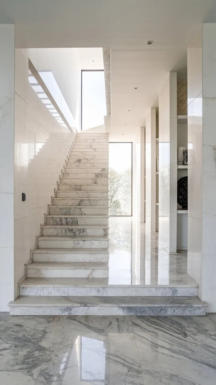 Sunlight streams through the expansive window, illuminating the elegant marble staircase and flooring, a testament to the home's refined design. The clean white walls and built-in shelving complete the minimalist aesthetic. A perfect blend of modern luxury and understated sophistication.