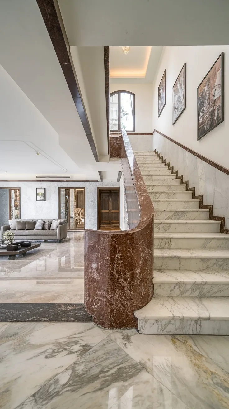 A symphony of light and marble. This stunning home's open-plan living area, anchored by a dramatic marble staircase, exudes a sense of calm sophistication. A perfect blend of architectural grandeur and understated elegance.