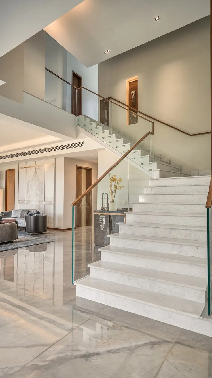 Architectural elegance redefined. The seamless flow between the marble staircase, gleaming floors, and minimalist furniture creates a living space that's both luxurious and effortlessly chic. A testament to modern design, this home is a sanctuary of calm and sophistication.