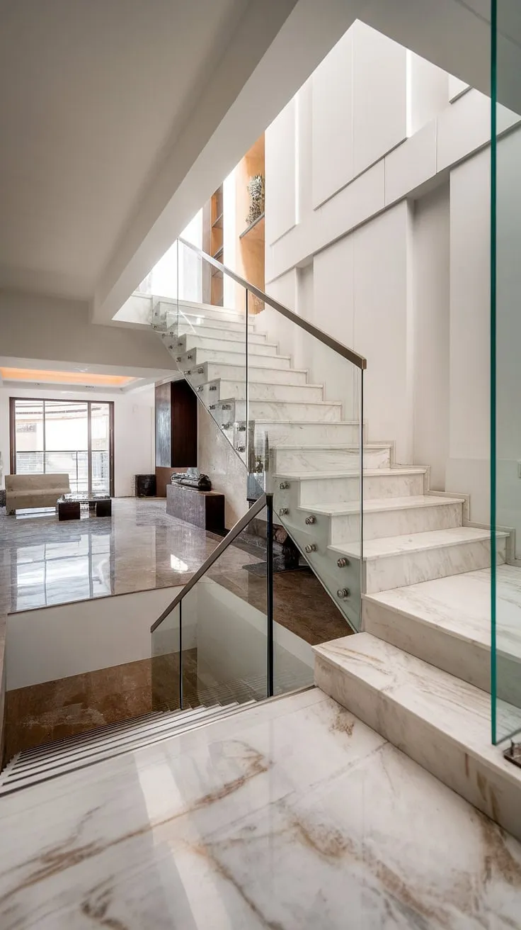 A symphony of light and shadow dances across the polished marble, accentuating the graceful curve of the staircase. This home's open design, featuring a minimalist aesthetic and a striking glass railing, is a perfect example of how architectural details can transform a living space into a work of art. A truly inspiring vision of modern living.