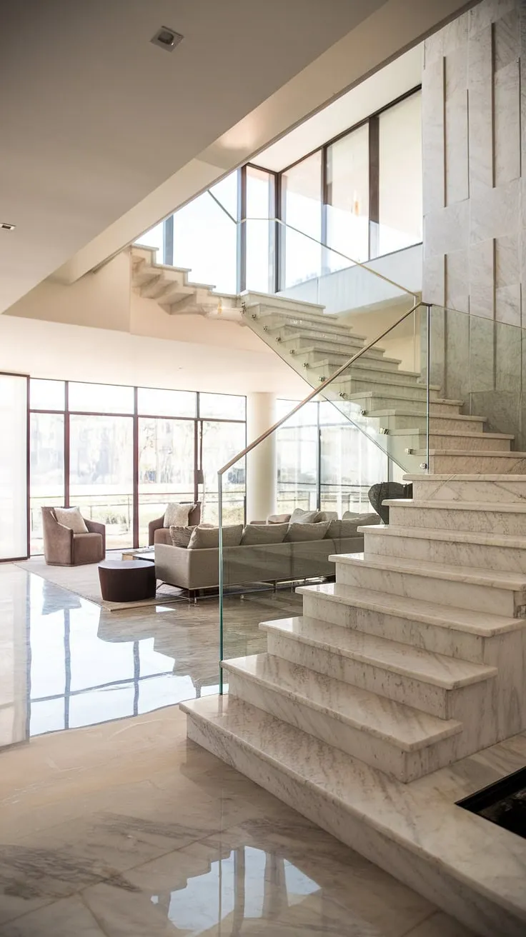 Architectural brilliance meets modern comfort. The sleek marble staircase, bathed in natural light from the expansive windows, is a stunning centerpiece of this home, seamlessly connecting the living spaces and showcasing the exquisite detail of the design. A testament to sophisticated living.