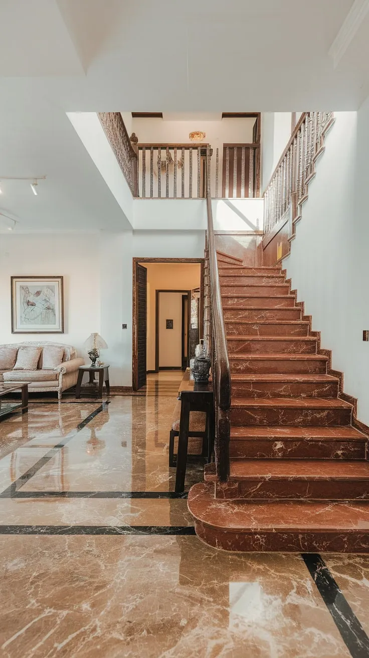 The elegant sweep of the marble staircase, a breathtaking focal point in this minimalist living space, draws the eye upwards, promising the serenity of the upper level. A testament to modern design, the open staircase and pristine marble flooring create a sense of airy spaciousness.