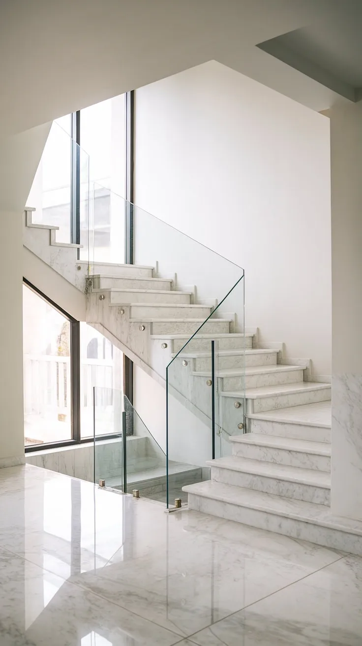A breathtaking space defined by its simplicity. The seamless flow of the white marble flooring and staircase, accented by the minimalist glass railing, is a study in understated luxury. A perfect example of how less can be so much more.