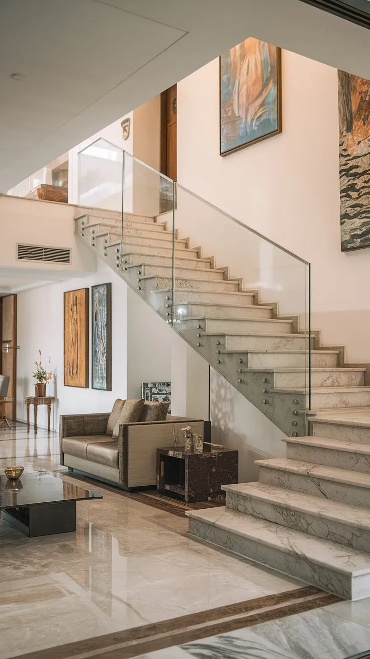 Architectural elegance meets modern comfort. The seamless flow between the marble staircase and living area creates a sophisticated ambiance, showcasing a home where luxury and livability intertwine. A testament to refined design.