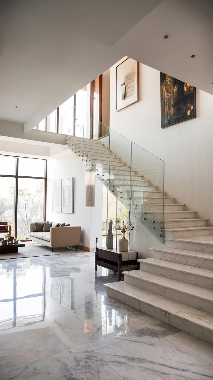 Where modern design meets effortless elegance. The floating marble staircase, bathed in natural light from the expansive window, is a breathtaking focal point, seamlessly connecting the living spaces and showcasing the home's refined aesthetic. A testament to sophisticated living.