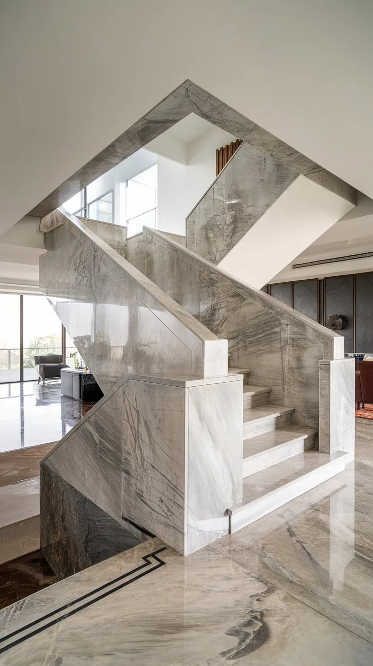 Architectural elegance redefined. The seamless flow of the polished marble staircase, a breathtaking centerpiece in this minimalist living space, creates a sense of airy sophistication. A testament to modern design, the interplay of light and shadow on the marble is simply captivating. A true masterpiece of contemporary living.