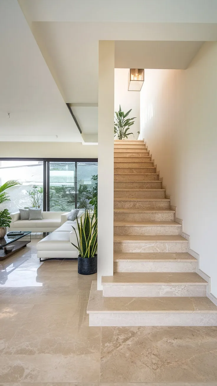 Modern minimalist design at its finest. The clean lines of the white sofa and marble staircase create a sense of calm and sophistication, perfectly complemented by the natural light and subtle greenery. A true sanctuary of understated elegance.