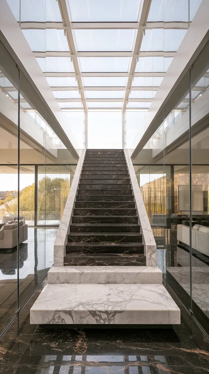 A symphony of light and shadow plays across the sleek black marble staircase, its elegant form accentuated by the expansive glass walls and high ceilings of this stunning contemporary residence. The interplay of textures and materials creates a truly unforgettable space.