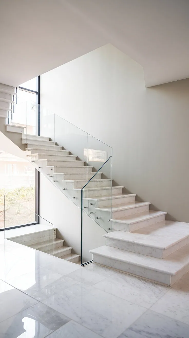 Architectural brilliance meets serene simplicity. The interplay of light, space, and the elegant sweep of the marble staircase creates a truly breathtaking living area. A testament to modern design, this home effortlessly blends luxury and understated elegance. A sanctuary of calm, a haven of style.