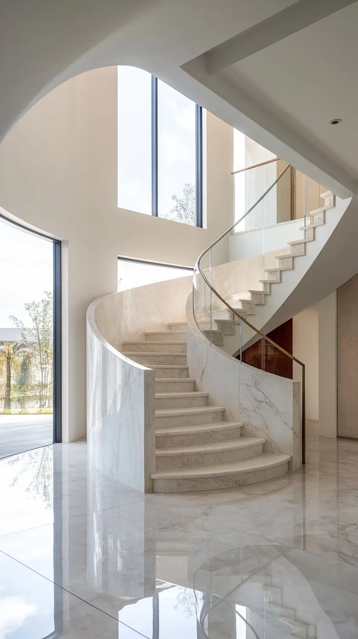 Sunlight streams through the expansive windows, illuminating the elegant curve of the marble staircase; a minimalist masterpiece in this modern home. The seamless transition between the marble floors and the floating glass railing upstairs creates a sense of airy spaciousness. A truly breathtaking design.