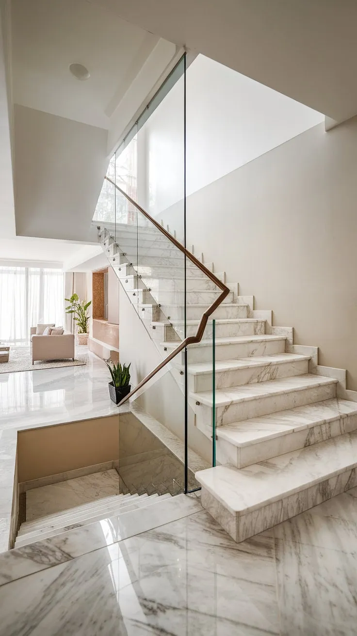 A breathtaking view of the open-plan living area, anchored by a stunning marble staircase with a glass balustrade. The natural light enhances the clean lines and modern aesthetic, creating a home that is both luxurious and inviting.