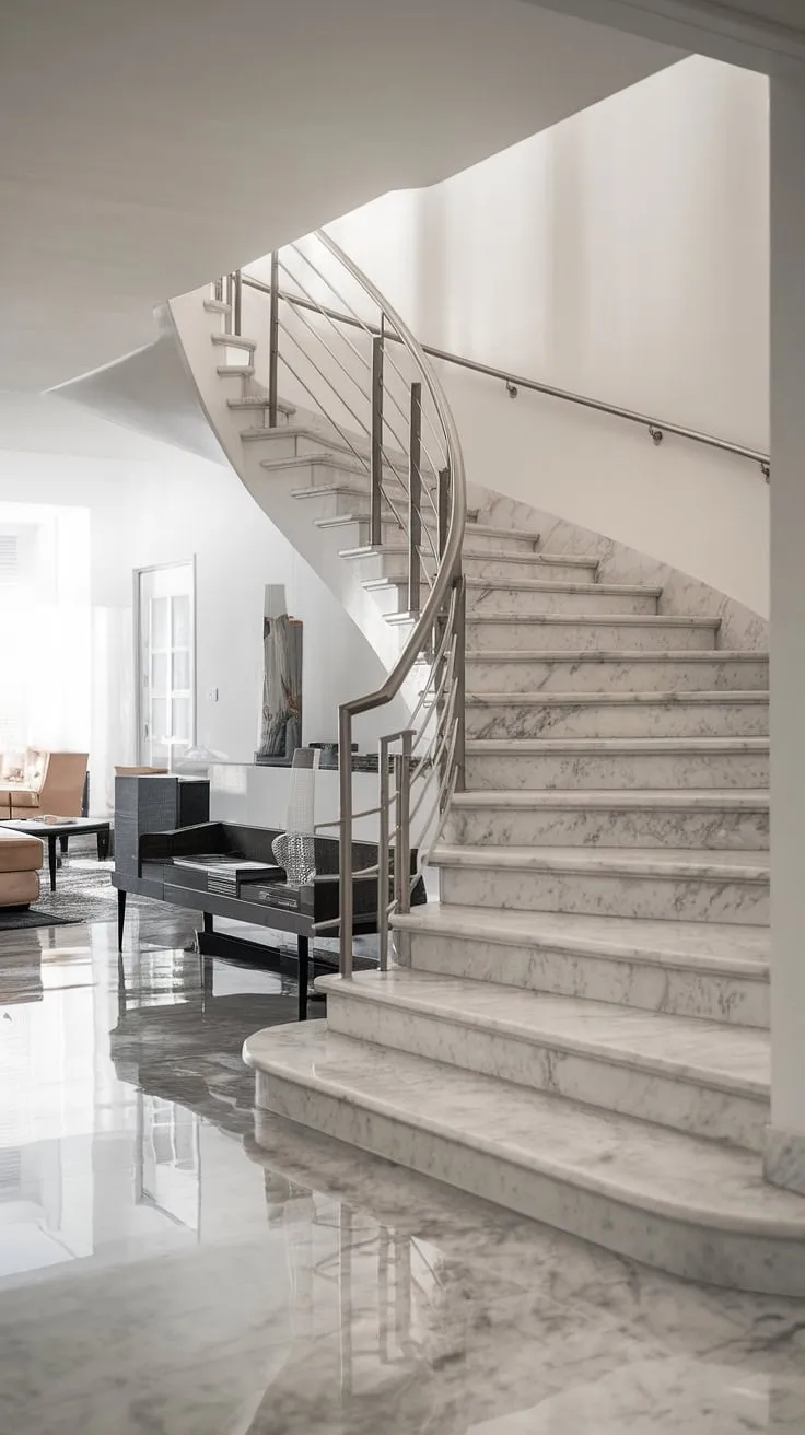 A breathtaking marble staircase, sleek and modern, anchors this minimalist living space, seamlessly blending architectural elegance with comfortable living. The glossy finish reflects the light, creating a sense of airy spaciousness. A truly stunning focal point.