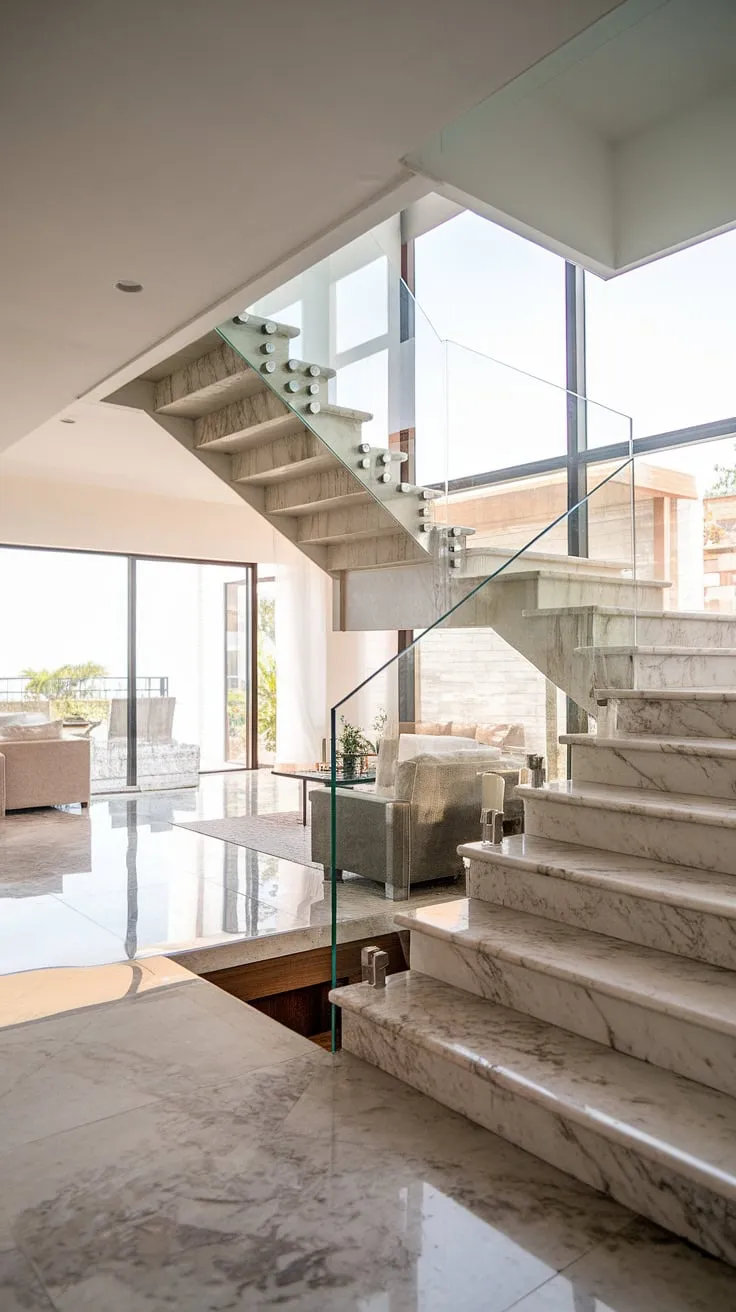 Sunlight streams through the expansive window, illuminating the sleek marble staircase and the minimalist living space below. The glass railing offers an unobstructed view, creating a sense of airy openness and showcasing the seamless blend of modern design and natural light. A perfect example of sophisticated, contemporary living.