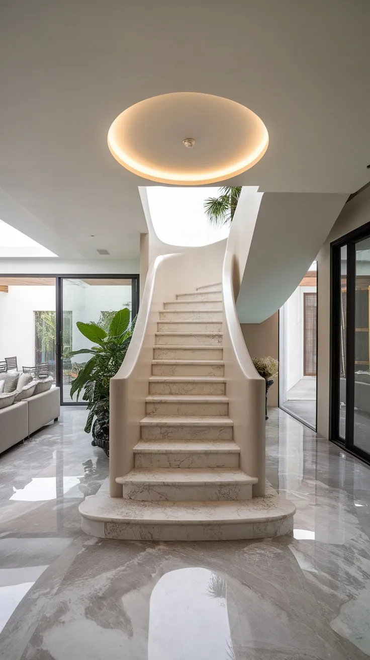 Architectural elegance meets modern minimalism. The curved marble staircase, bathed in soft light, is a stunning centerpiece in this airy living space, seamlessly connecting the levels and showcasing the home's refined aesthetic. A testament to sophisticated design.