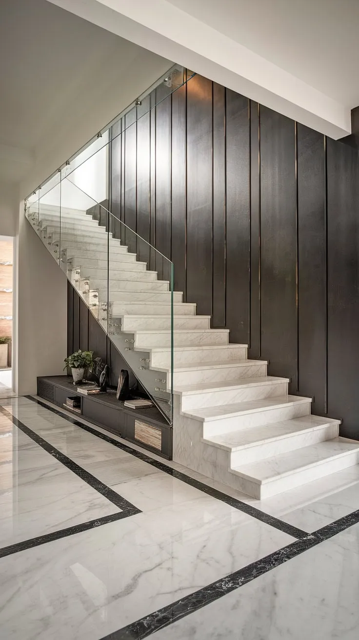 Modern minimalism meets luxurious elegance. The matte black walls provide a dramatic backdrop for the sweeping marble staircase and flooring, a testament to sophisticated design. A breathtaking centerpiece, it seamlessly connects the living spaces.