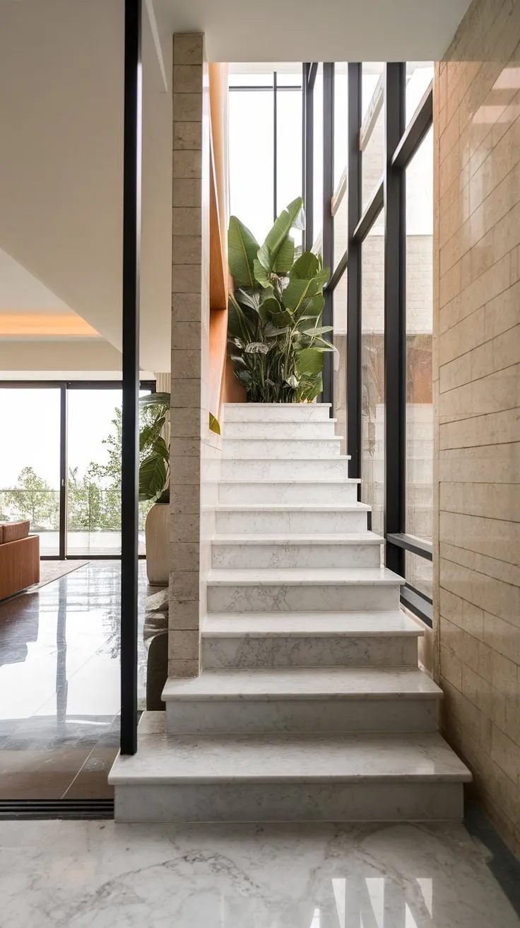 Architectural minimalism at its finest. The seamless flow of the marble staircase, bathed in natural light from the expansive window, creates a sense of airy elegance. A testament to clean lines and sophisticated design.